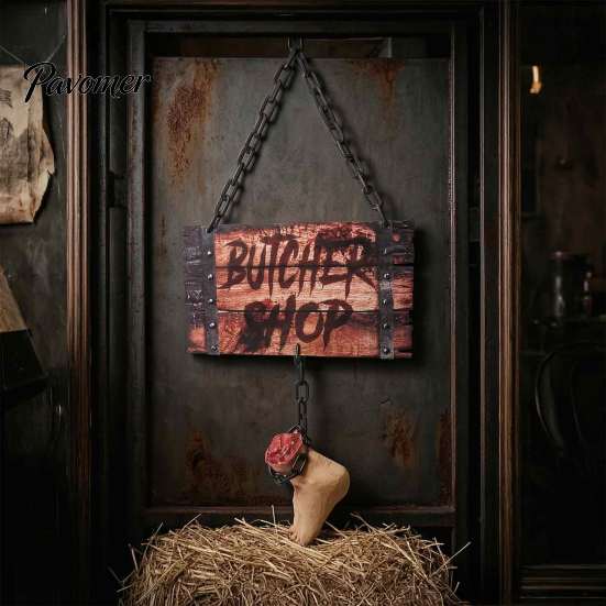 Waterproof Hanging Wood Grain Sign Halloween Butcher Shop Sign, Horror Broken Leg Decoration Dark Theme Party Wall Pendant for Haunted House Foldable