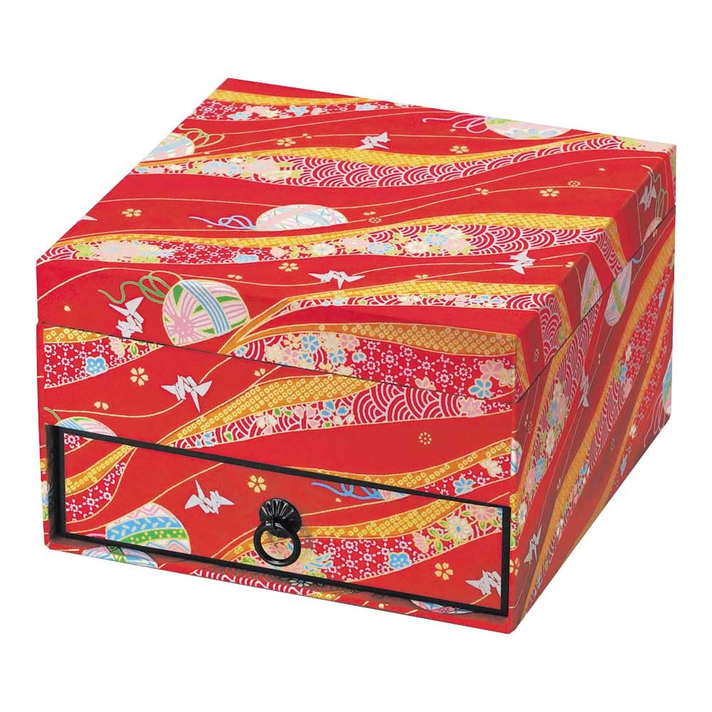Yamaco Yuzen Two-Tier Paper Box with Drawer, Red, 15.2x15.2xH9.8cm, Product Code: 28131