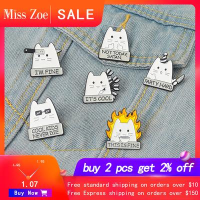 I'M FINE Enamel Pins Custom COOL KIDS NEVER DIE NOT TODAY SATAN Cat Brooch Lapel Badge Fun Cartoon Jewelry Gift for Kid Friend