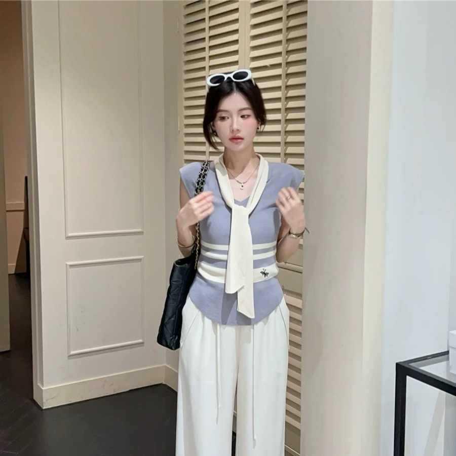2025 Sommer Französischer Stil Eis Seide Gestreifter Schal Cardigan - Ärmellos, Schlankmachend, Lässig für Damen