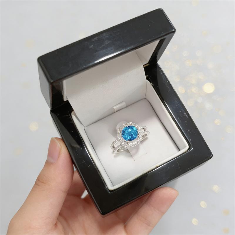 Delicate Blue White Stone Zircon Engagement Silver Color Round Rings Hollow Party Anniversary Wedding Rings for Women