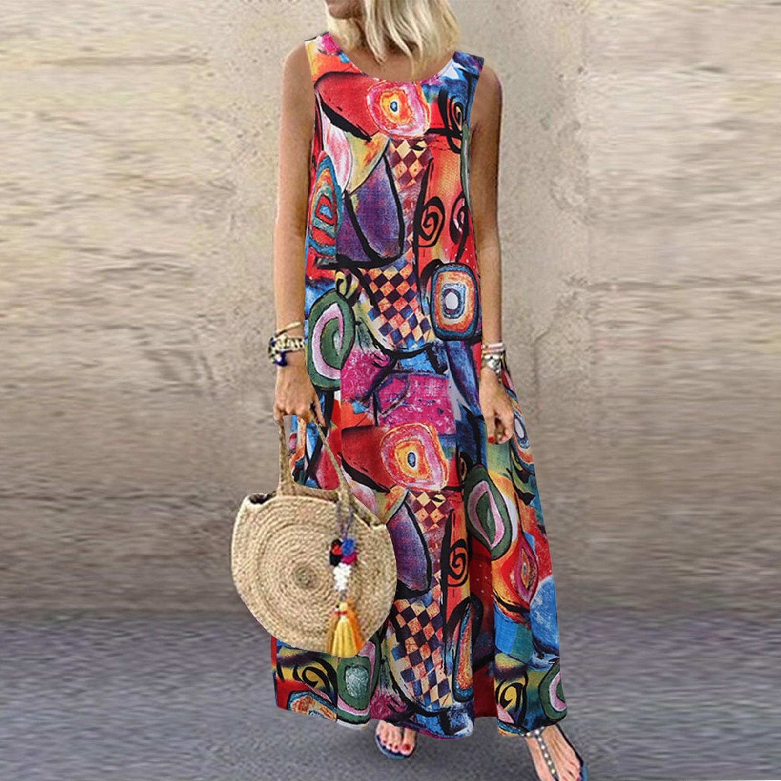 

Женское повседневное летнее длинное платье без рукавов с принтом XL красный