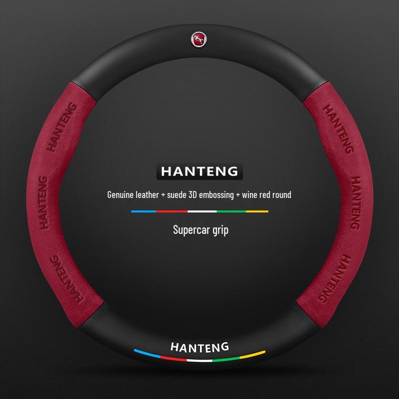 Hanteng X7/X5/e+/V7/X8 Genuine Leather Suede Steering Wheel Cover - Non-Slip, Red