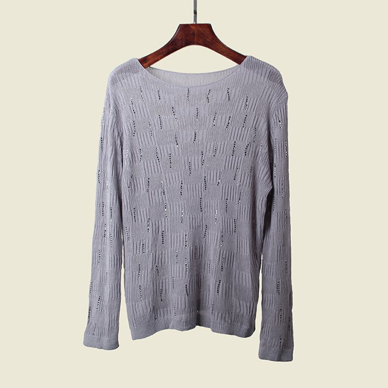 Off-Neck Hot Drilling Ice Silk Long Sleeve Knitwear Summer Coat Loose Version Cut Out Sun Protective Blouse
