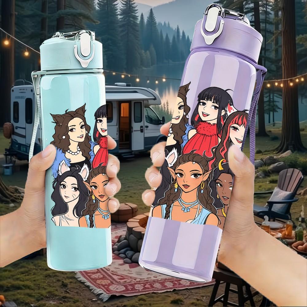 1PC Fashion Teen Girl Squad 750ml Color Plastic Sports Water Bottle Leakproof Flip Straw Lid Suitable for Sports Office Home Use