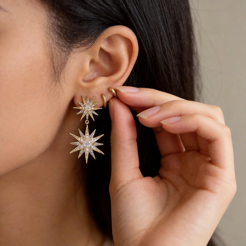 Star Shape Alloy Earrings With Rhinestones For Women Fashion Jewelry Gift