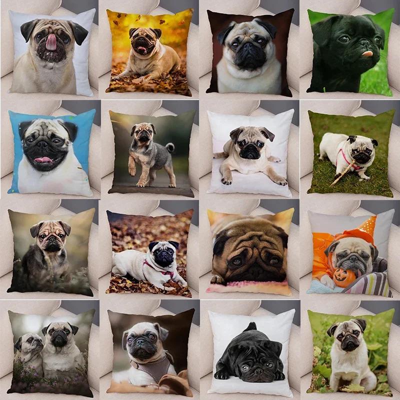 VIKAMA Nordic-Style Adorable Dog Cushion Cover Pug Print Cushion Cover Bedroom Living Room Sofa Decorative Cushion Cover