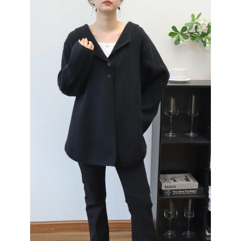 Autumn and winter new hooded design sense medium and long sweater jacket solid color loose high sense knitted cardigan women