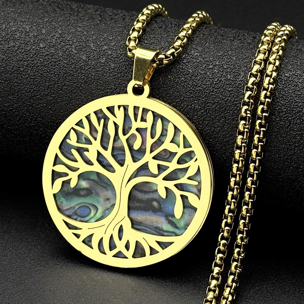 Tree of Life Imitation Abalone Shell Stainless Steel Pendant Necklace for Women Men Gold Silver Color Chain Necklaces Jewelry