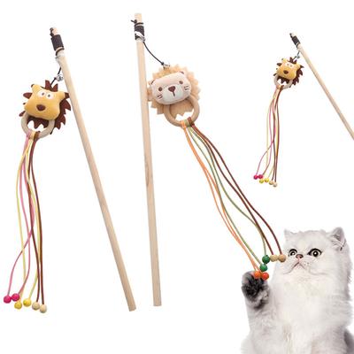 Cat Teaser Wand Toy - Plush Lion & Dog Design, Wooden Handle Interactive Toy for Cats,