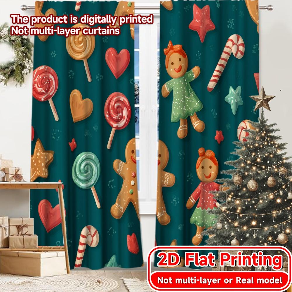 

Set Of 2 Flat Printing Gingerbread Joy Chic Curtain Fabric Curtains Insulation Room With Thermal Polyester Machine Washable W100*H70(CM)-Hooks&2PCS
