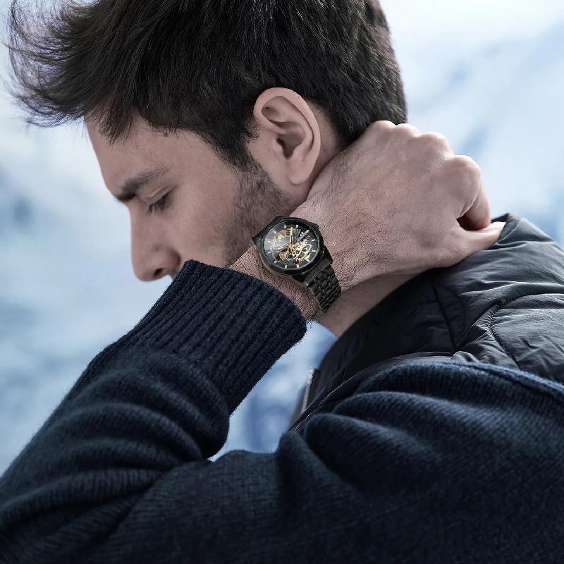 New Skeleton Automatic Mechanical Men Wrist Watches Diamond Cut Crystal Luxury Solid Stainless Steel Band Deployment Clasp