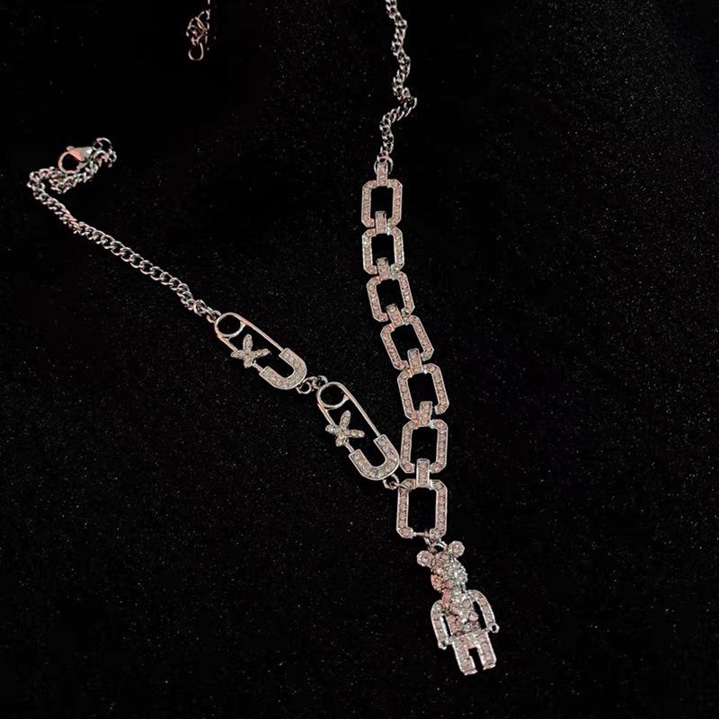 Titanium Steel Diamond Butterfly Bear Necklace - Women's Luxury Hip-Hop Bone Chain Design