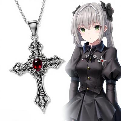 Cross Necklace Gothic Punk Red Gem Choker Necklace