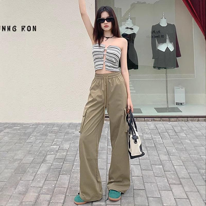 2025 Women's High-Waisted Loose Cargo Pants - Casual Wide-Leg American Sport Style for Spring & Autumn
