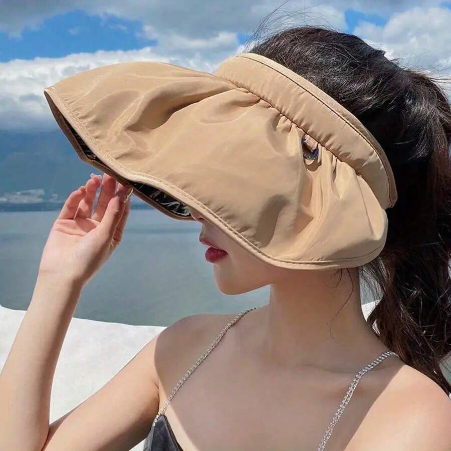 Foldable Sun Hat With Face Shield Women Summer Beach Hat Large Brim Dual Use Headband Shell Hat