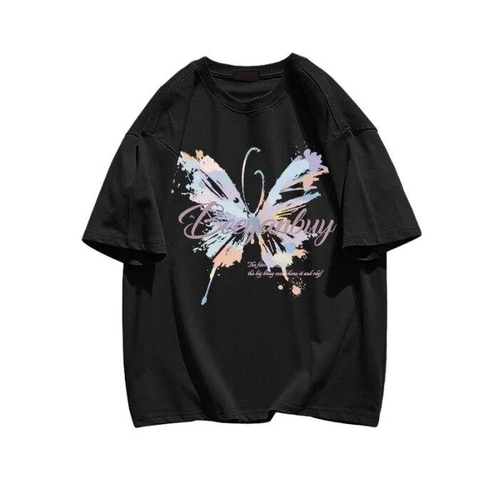 Sommer Uformelle y2k topper T-skjorter harajuku overdimensjonert sommerfugltrykk i ren bomull T-skjorte Grafisk Dame T-skjorter Hipster kawaii klær