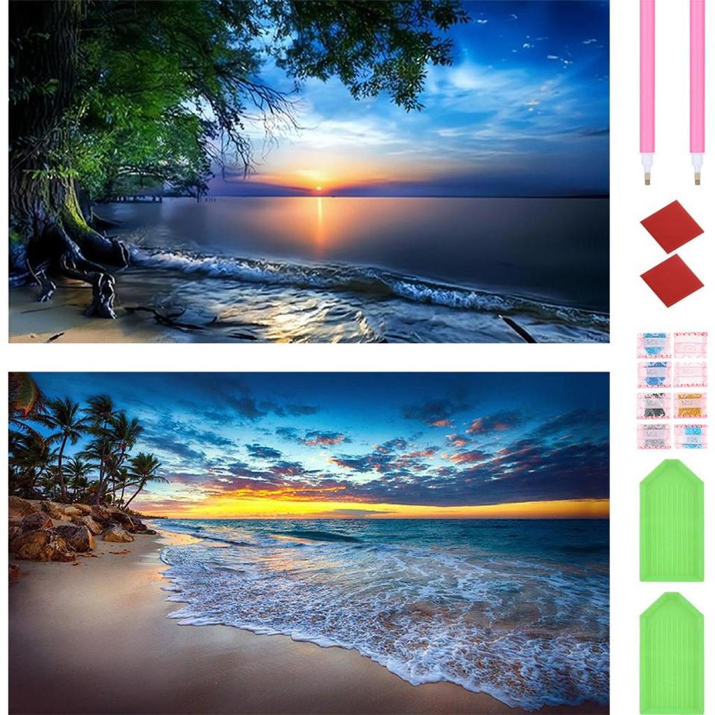 2pcs Landscape 5D DIY Full Drill Round Diamond Painting Kit for Home Wall Decor