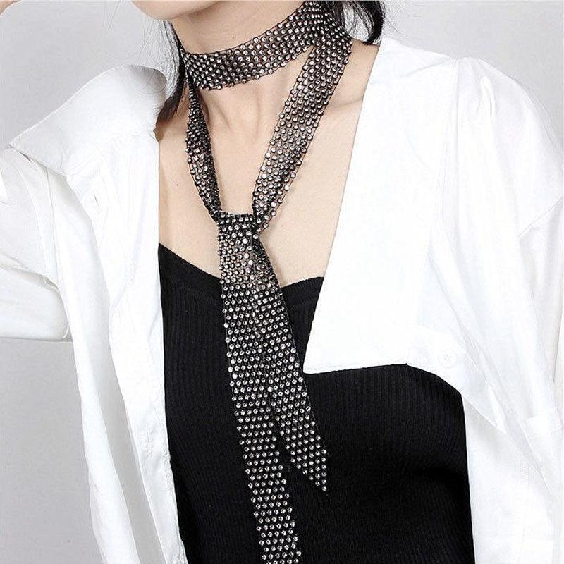 Yto Scarf Women's Black Summer Long Sharp Corner Rhinestone Scarf Korean Social Sailor Dance Necktie Multifunction Bow Trendy Belt P7 3Cm