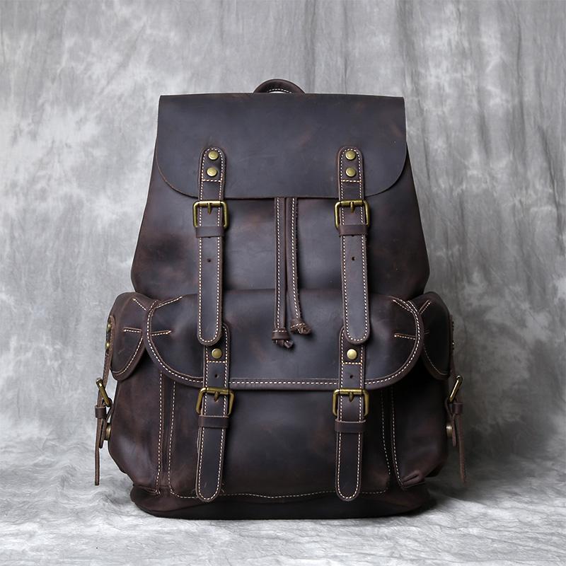 Retro Leather Men's Backpack Top Layer Cowhide Travel Backpack Large Capacity School Bag Crazy Horse Leather Laptop Bag NZPJ
