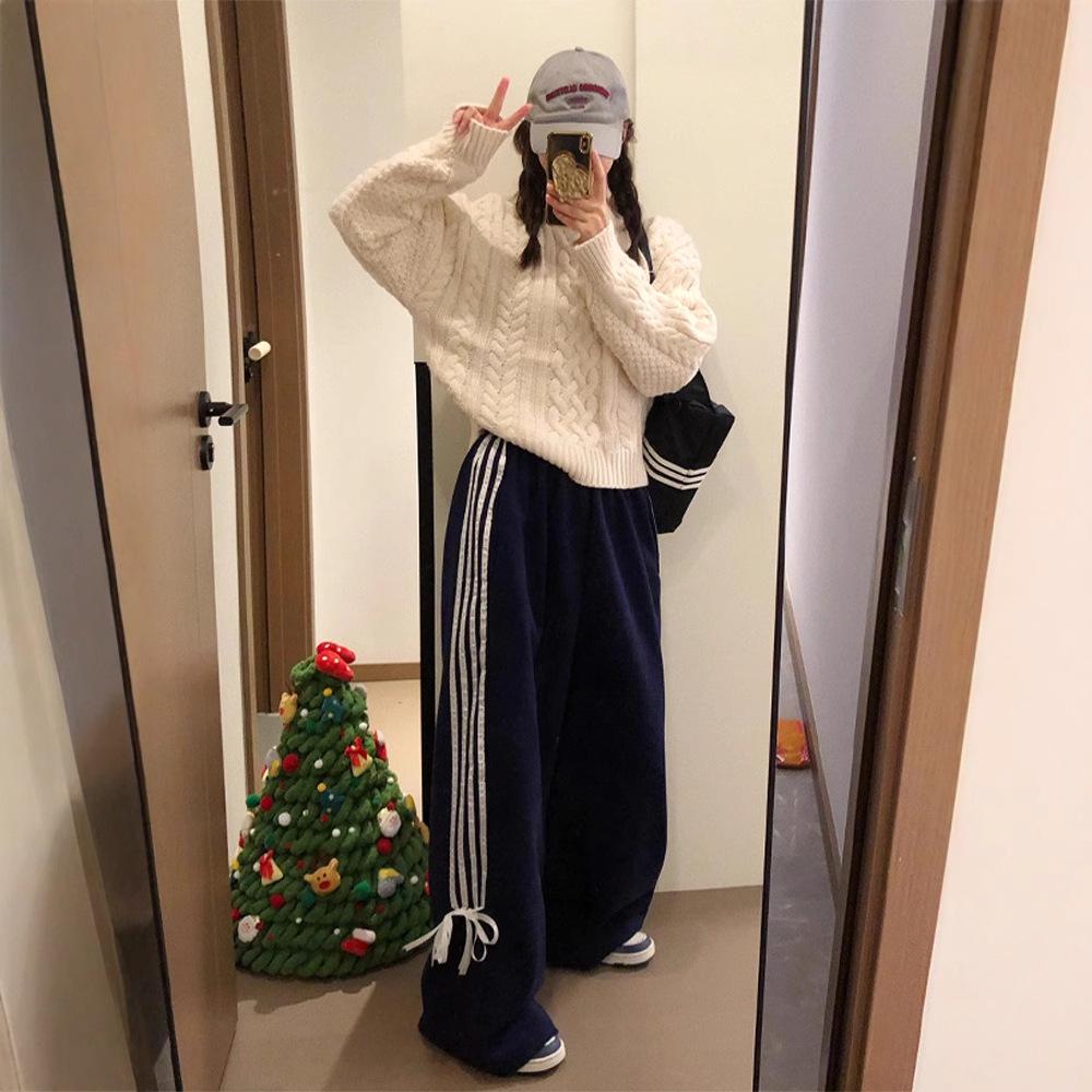 Korean Spicy Girl High Waist Bow Wide-Leg Striped Sport Pants for Women