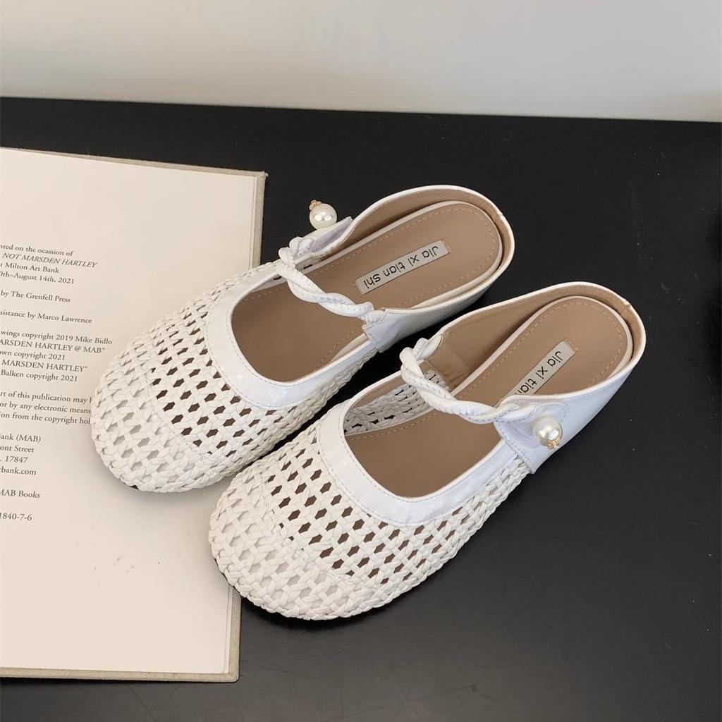 Inner height increase woven hollow bag head half slippers women's outer wear 2025 summer new breathable skirt platform sandals