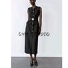 Spring New Women's Clothing Breasted Decoration with Belt Crepe Sleeveless round Neck Midi Skirt Dress 3897054