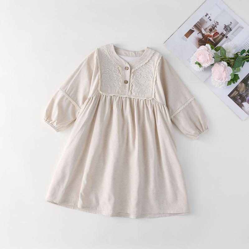 Girls' Spring Retro French Lace Long Sleeve Dress