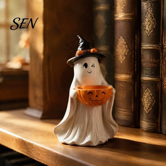 Holiday Atmosphere Enhancers Resin Ghost Statue with Pumpkin Candy Bowl for Halloween Table Decor, Cute Desk Decor Office Desktop Organizer