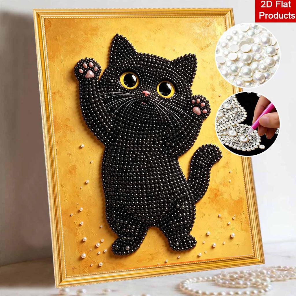 Framed Pearl Painting Kit Cute Black Cat Design 3D Shiny Bead Art Canvas for Bedroom Living Room Decoration Wall Hanging Art Craft Gifts
