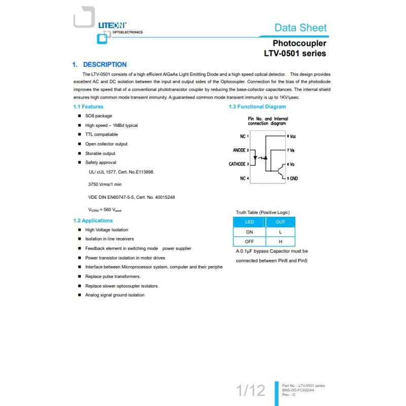 New LTV-0501 SO-8 Logic Output Optocoupler