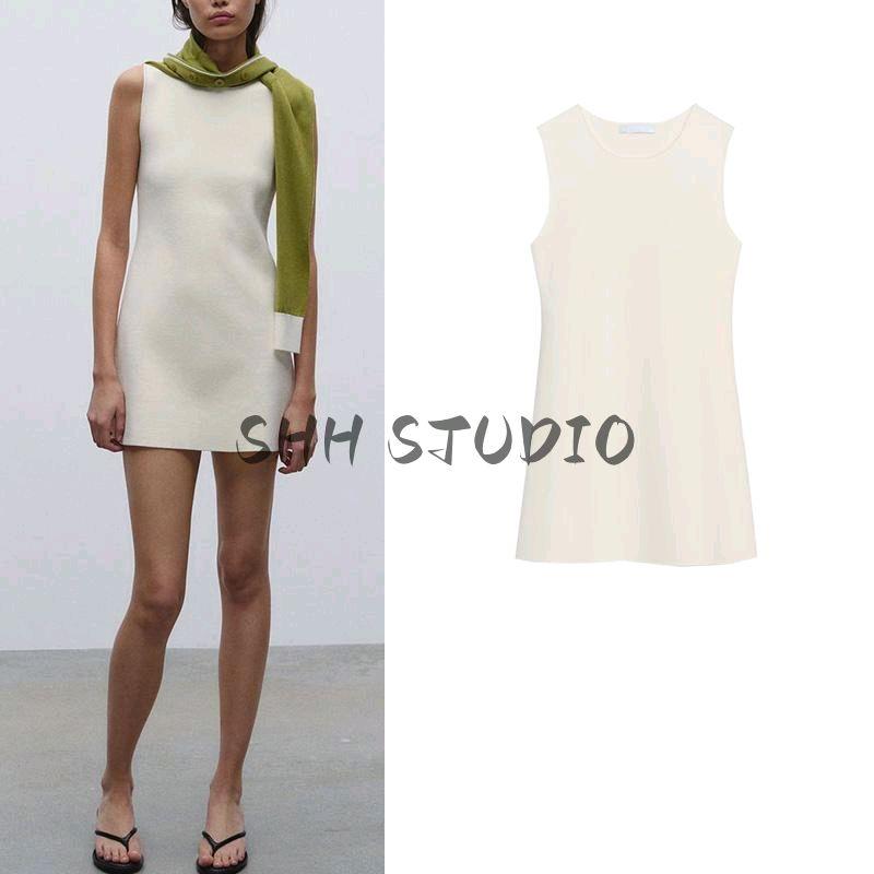 Spring New Women's Clothing Classic Style Plain Stitch A- Line Hem Sleeveless Round Neck Short Dress 9598019