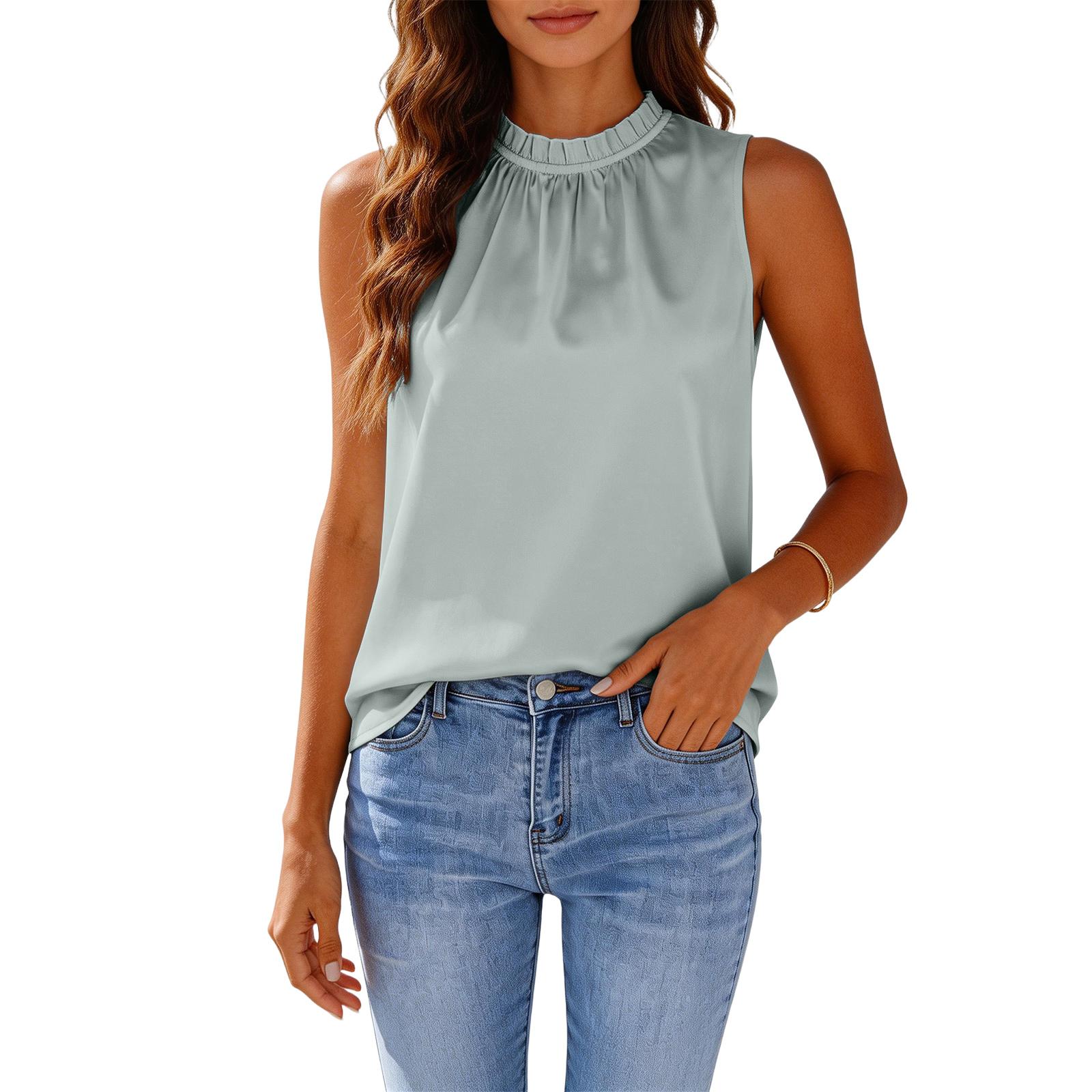 Women s Satin Fashion Casual Ruffled Neck Sleeveless Vest Top XXL