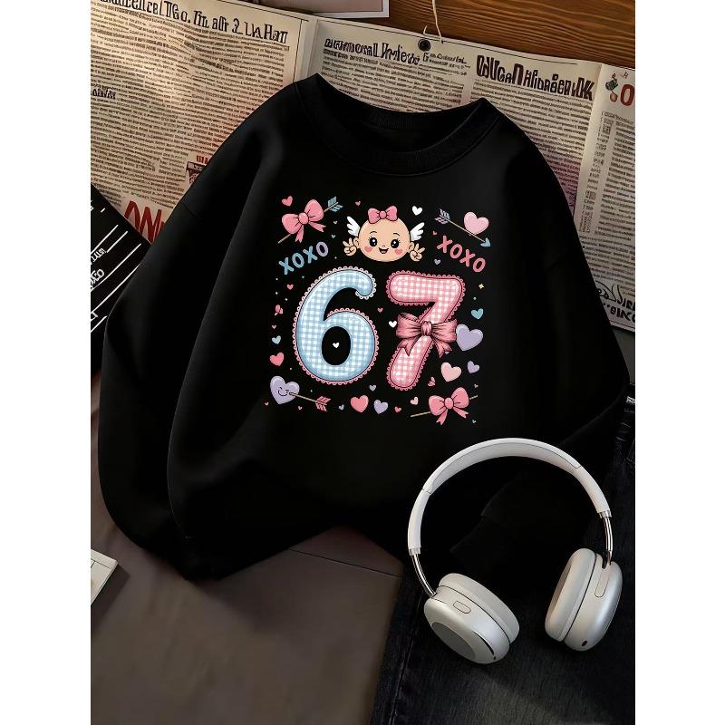 Kids Girls Crewneck Sweatshirt, Plaid Bow Baby Angel Heart XOXO Number 67 Print Pullover, Cute Birthday Sweatshirt For Kids Over 4 Years Old