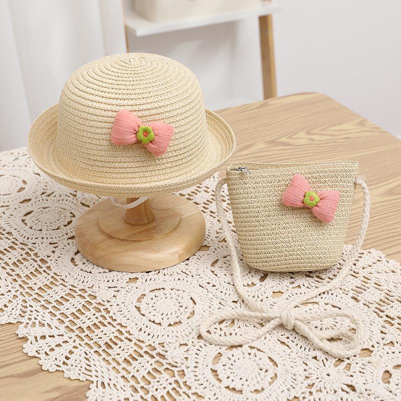 Children's sun hat baby summer straw hat breathable sun protection cute sun hat bag set