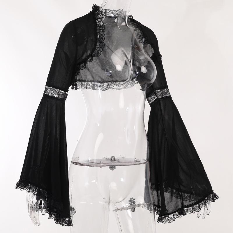 Dark Spring/Summer Lace Bell Sleeve Casual Black Cardigan Top