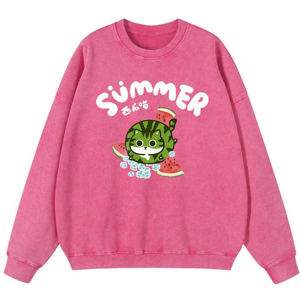 

Cats Eat Ice Cubes And Watermelons Woman Vintage Washed Cotton Thin style Sweatshirt Oversize Pullover Hoody S