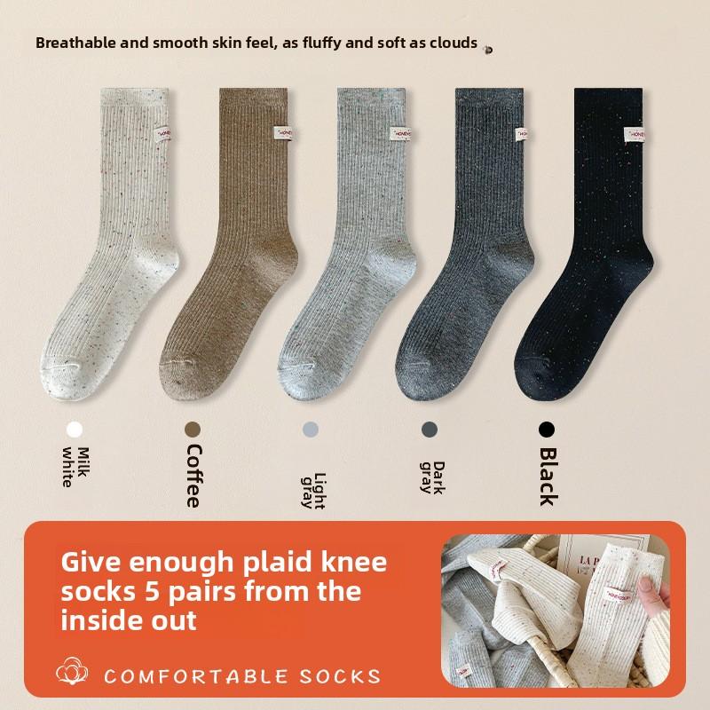 5 Pairs Pile Socks Women's Spring and Autumn Cotton Socks Double Needle Label Boneless Month Socks with A Full Length Stockings
