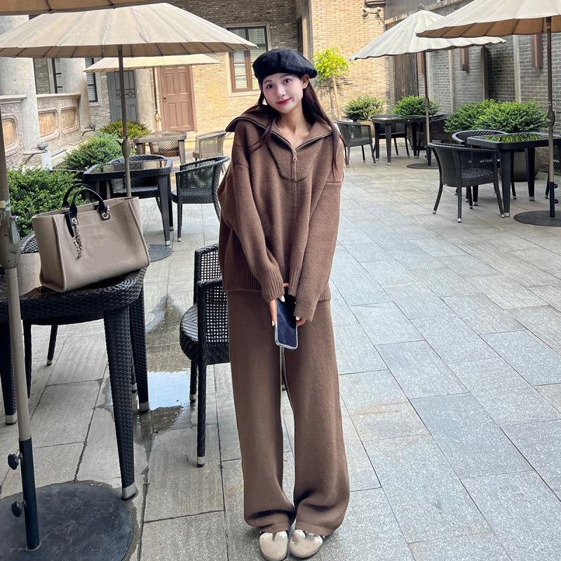Wind Zipper Knitted Suit Women's Autumn and Winter New Style Thick Loose Casual Wide-leg Pants Two-piece Suit