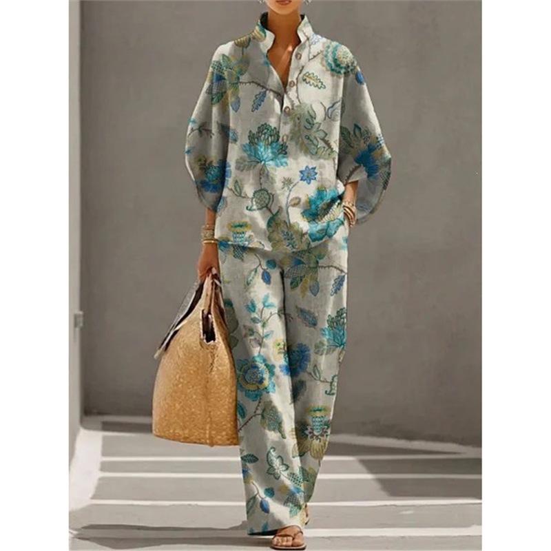 1116 New Women's Printed Two-piece Set Lazy Wind Loose Wide Leg Pants Set European and American Versatile Women
