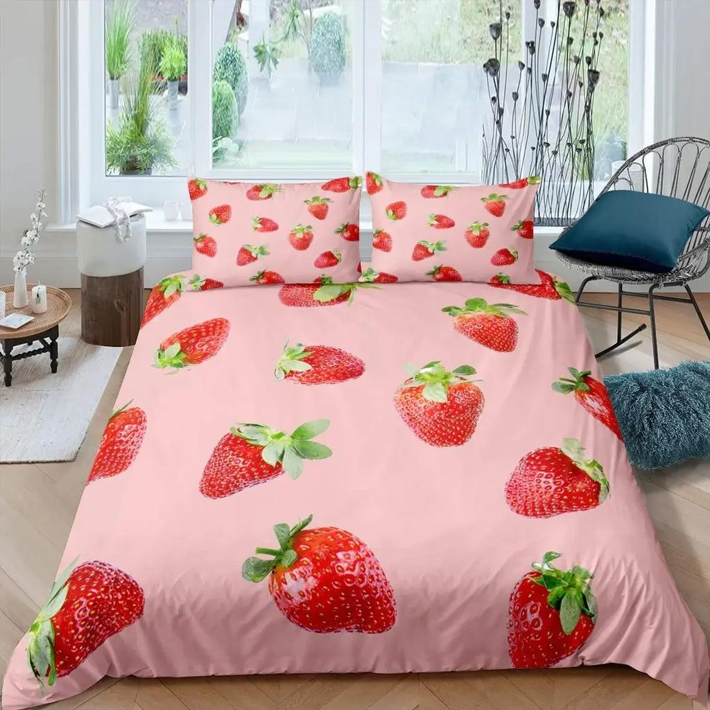 Strawberry Duvet Cover Set Girl King Size Comforter Cover Set Red Strawberry Bedding Set Food Fruit Quilt Cover for Kids Gift