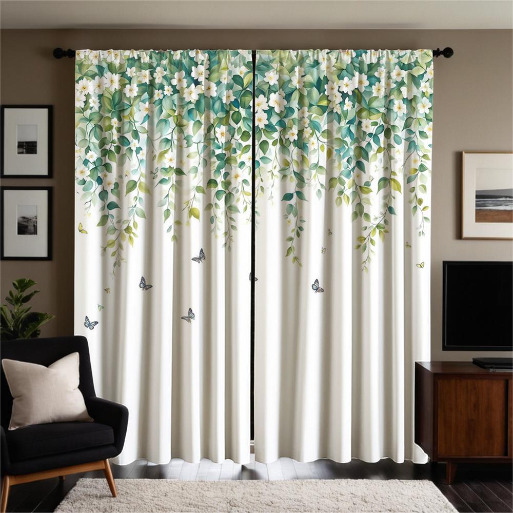 2-piece set of high-definition digital printed curtainWatercolor Green White Floral Leaves Butterflies Curtain ForCrossBorderHom