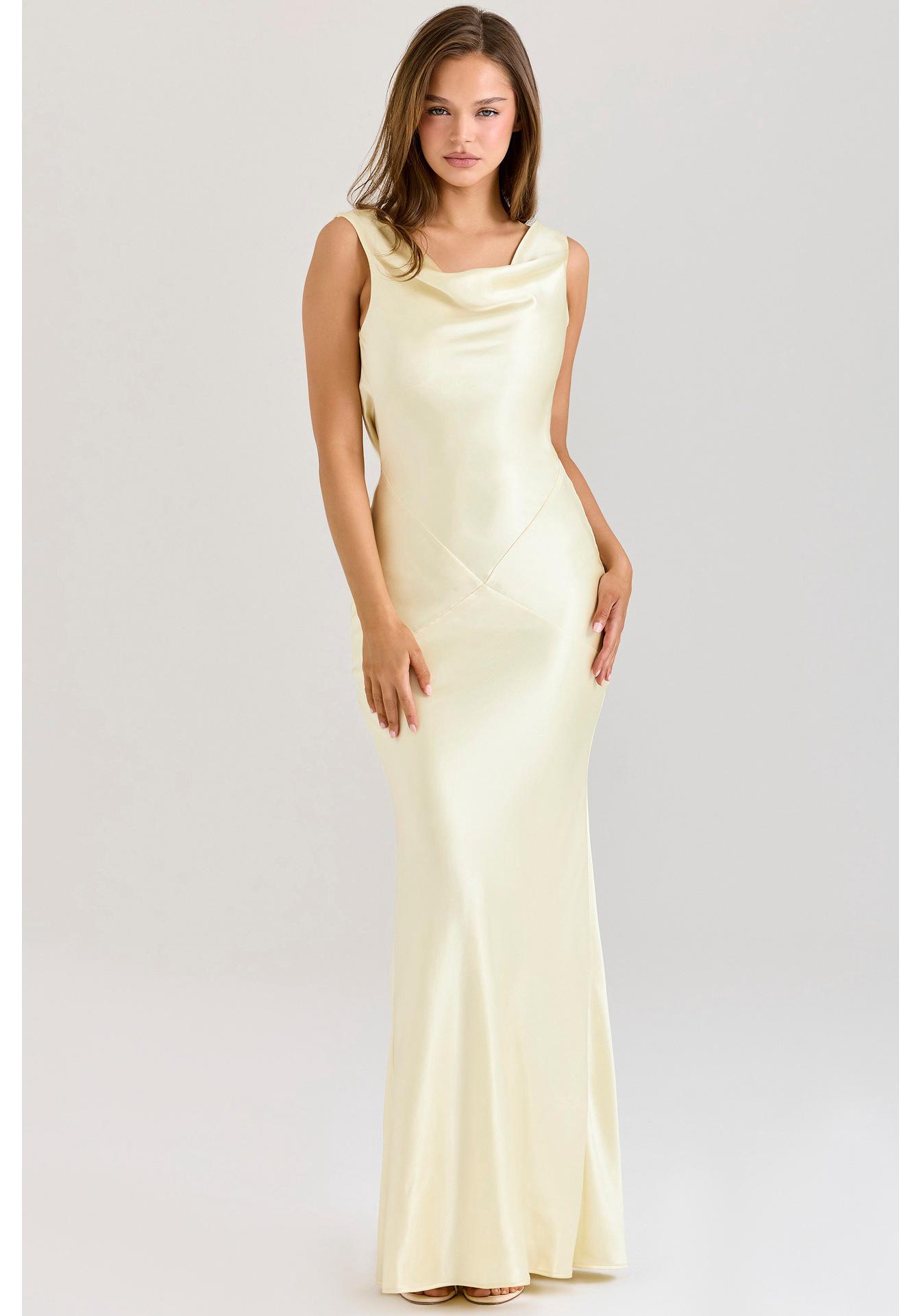 2025 European Elegant Off-the-Shoulder Satin Bodycon Dress Small