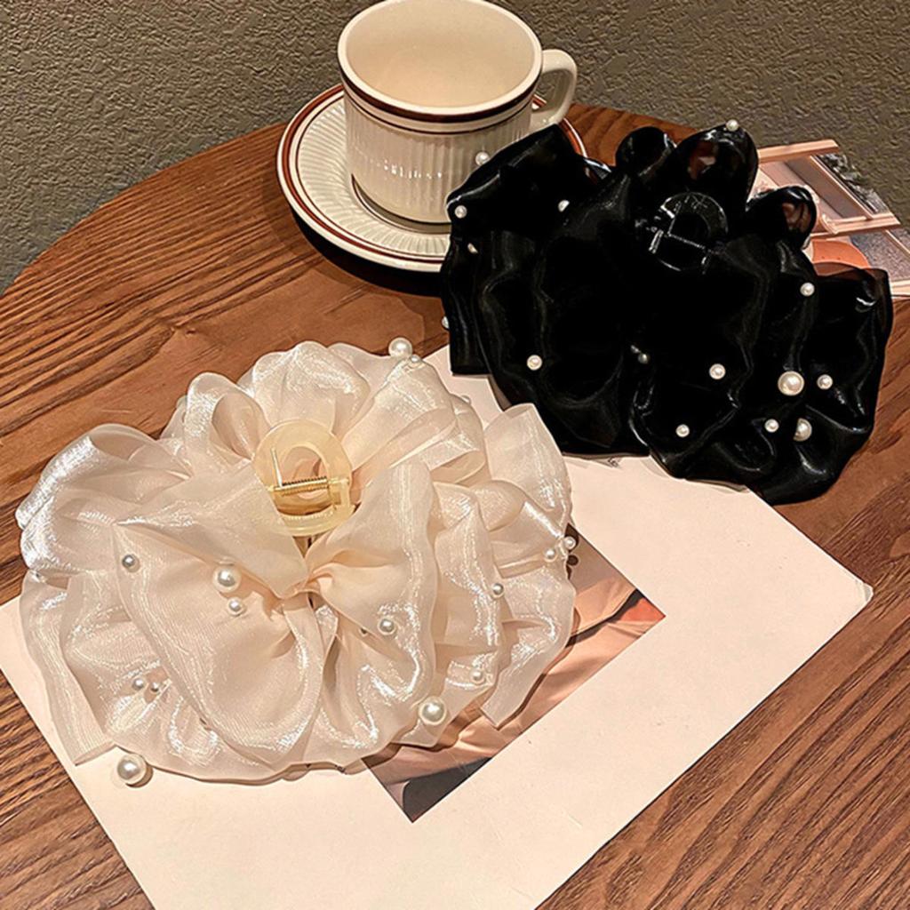 Hair Claw For Women Large Pearl Bow Gauze Shark Gripper Claw Elegant Exquisite Updo Hair Clip Girls Hair Accessories