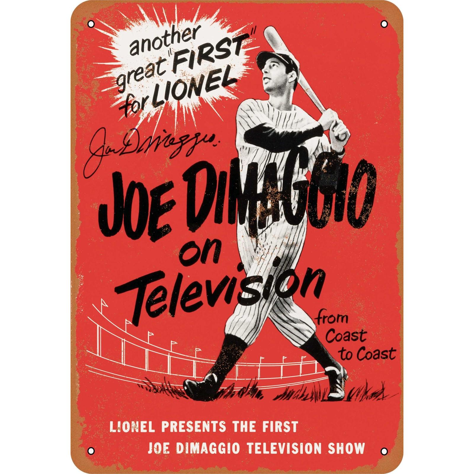 

Vintage 1950 Joe DiMaggio on TV Metal Sign Iron Wall Art for Home Office Sports Memorabilia Display Retro Baseball Decor 20x30cm（7.8x11.8inch）