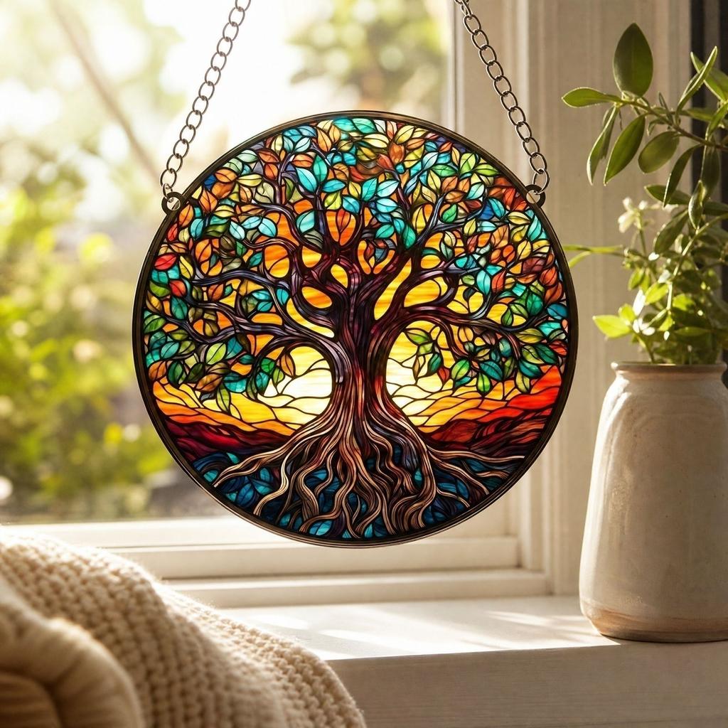 Acrylic Hanging Ornament - Tree of Life Design, Colorful Stained Glass Decoration for Window, Home, Garden, Indoor Outdoor Use