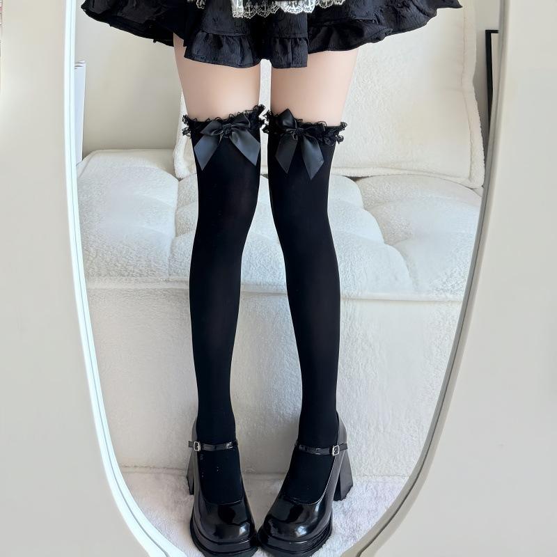 

Lace Lace Bow Over Knee Socks Black Thighs Socks Lolita Women S Anti-Hook Long Socks One size fits all чорний