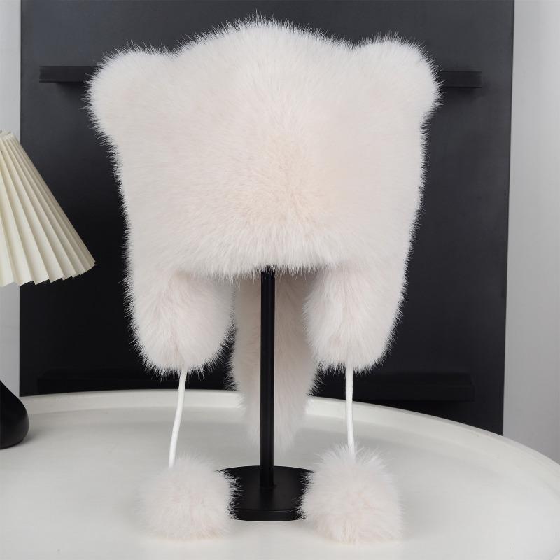 Thickened Winter Hats for Women Keep Warm Cute Faux Fur Raccoon Tail Plush Hat Hat Winter Warm Brim Cap with Tail Cute Cat Ears Fur Bomber Hats