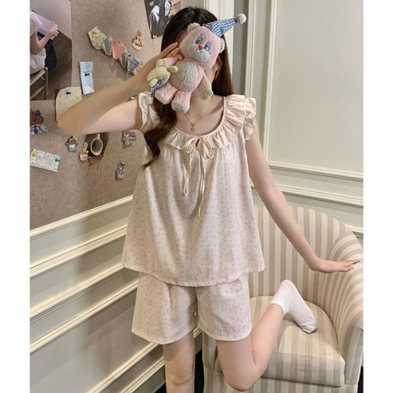 Summer Floral Lace Pajamas for Women with Flutter Sleeves - Lazy Style, Ideal for Students' Dorms, Lightweight Home Wear Set