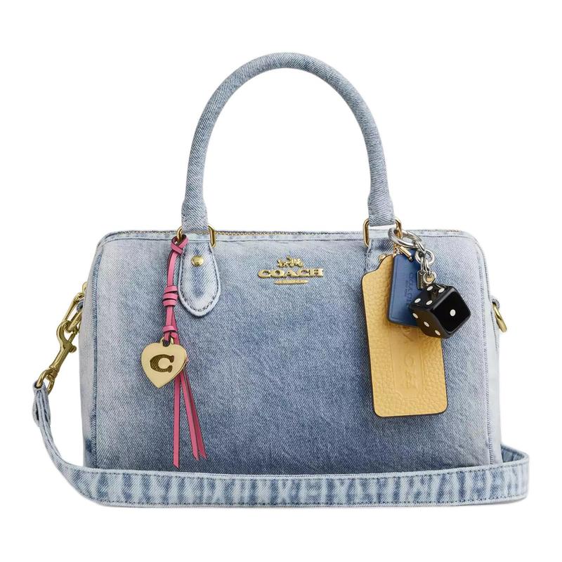 

COACH Rowan 25 Brand Logo with Charm Denim Shoulder Handbag Medium Women s Light Indigo синій